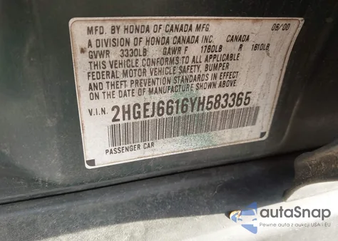 2000 Honda Civic Value Package z USA, uszkodzony, nr VIN 2HGEJ6616YH583365